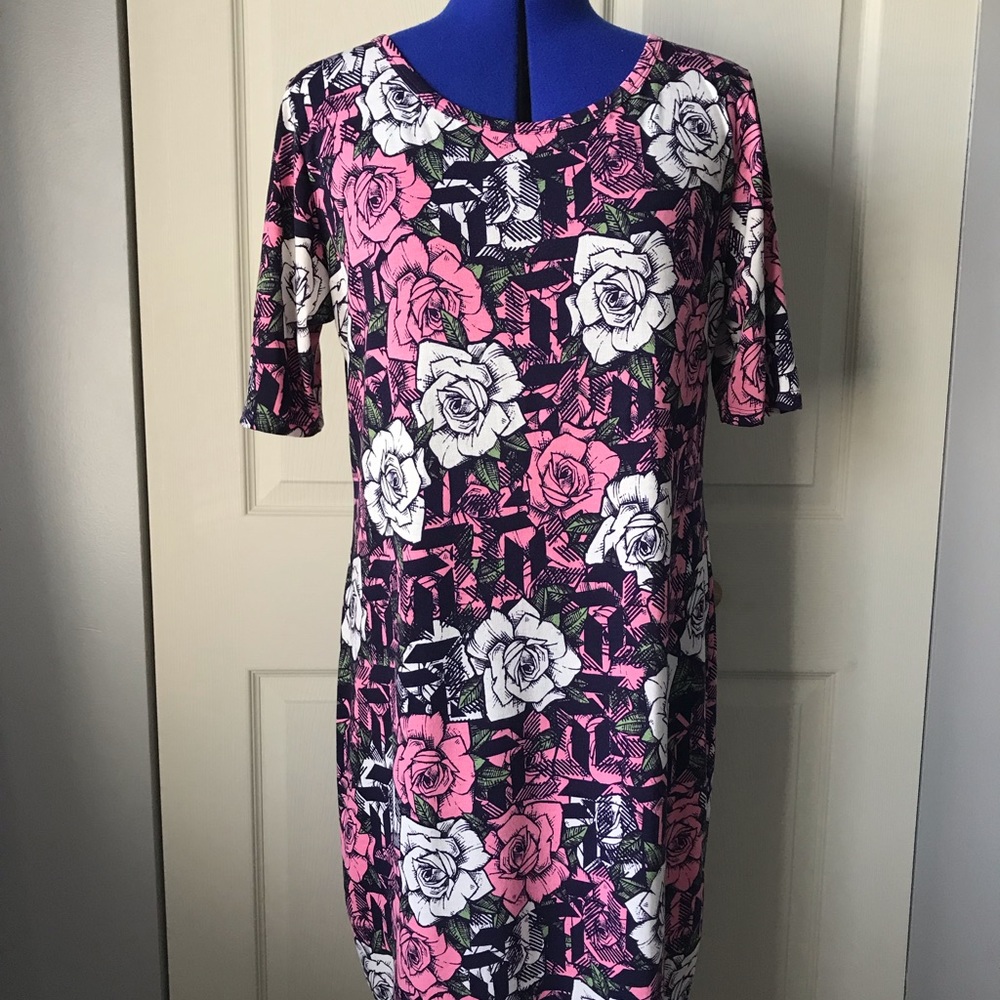 Lularoe Julia Dress pink roses navy background